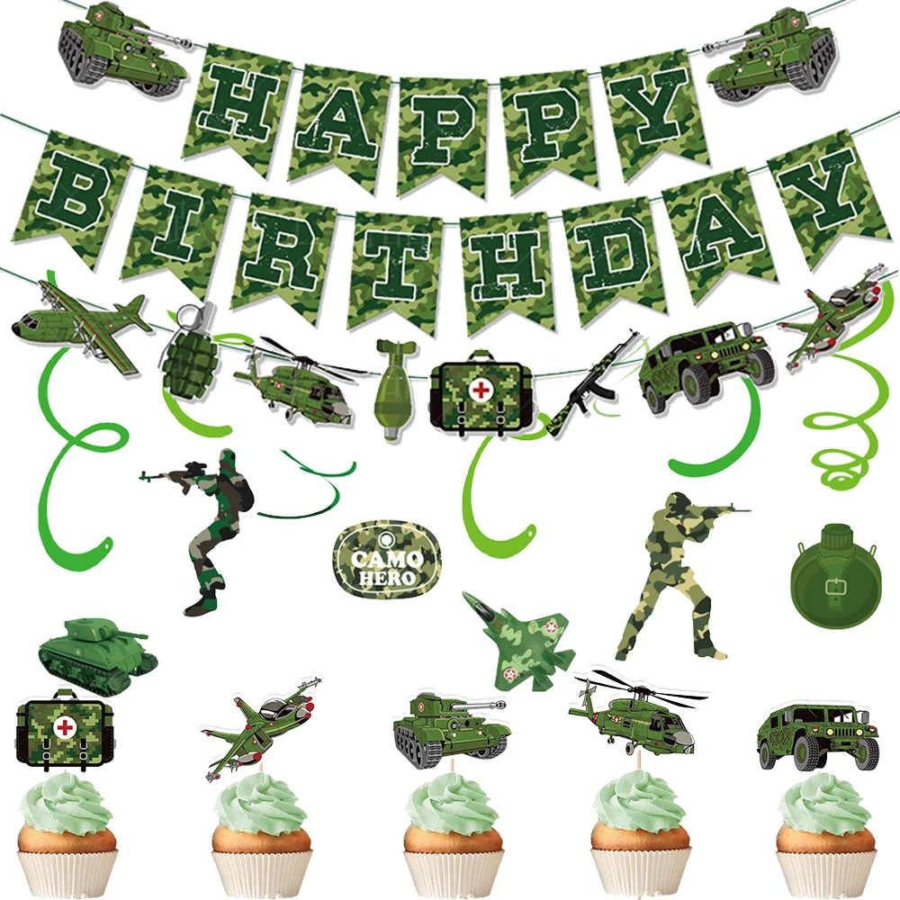Thème de réservoir militaire de Camouflage, décor suspendu, bannière spirale tourbillon pour garçons, soldat de l'armée, fournitures de décoration pour fête d'anniversaire