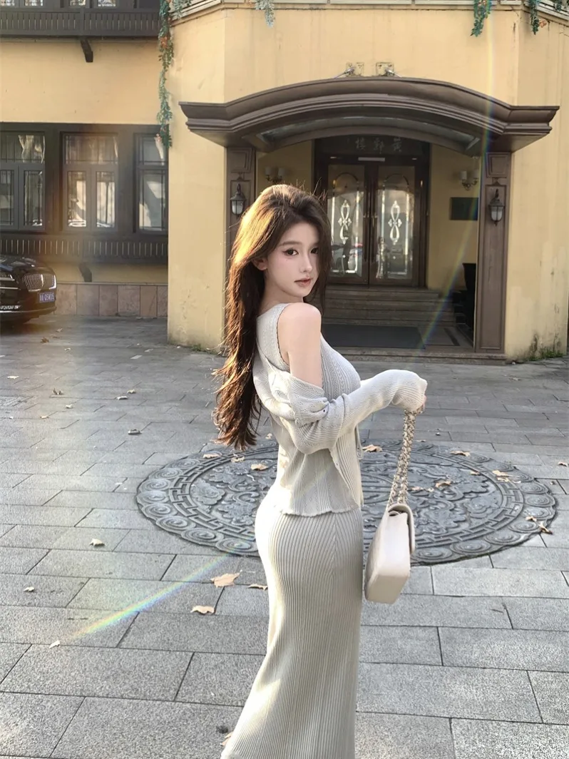 

Вязаный кардиган и ремень Dr, ансамбль для похудения, осенний новый стильный женский комплект Faion, китайский производитель