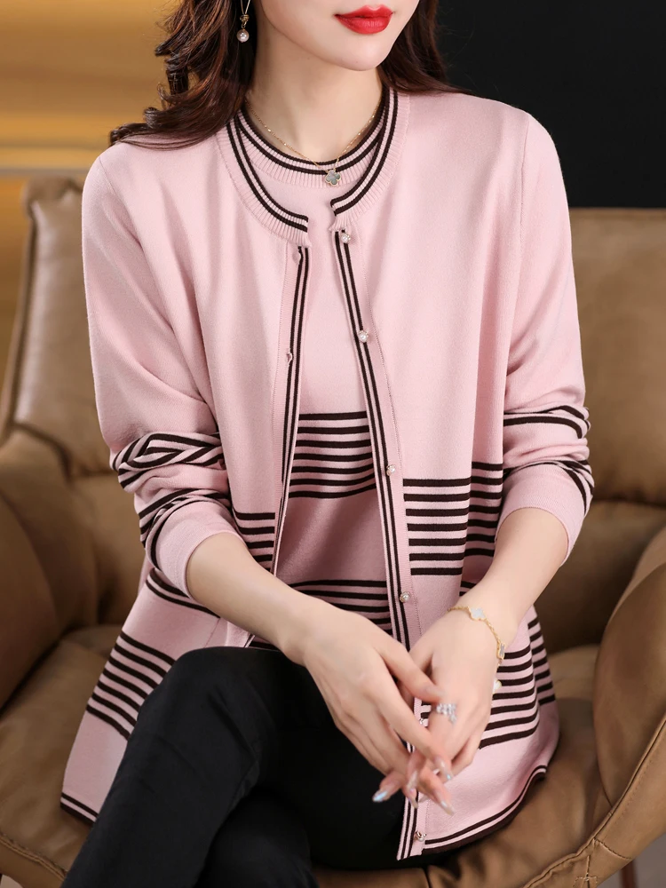 

Two Pieces Sets Sweater Women Autumn Spring Mother Sweater Casual Stripe Print Pull Femme Short Sleeve Top + Cardigans