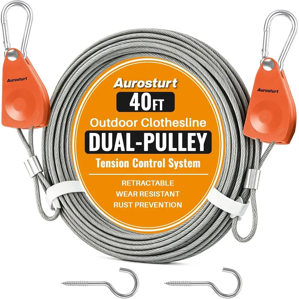 Portable 40ft Dual Pulley Outdoor Clothesline with Heavy-Duty Nylon Coated Wire Ropes for Travel, Camping, Backyard, and RV Use
