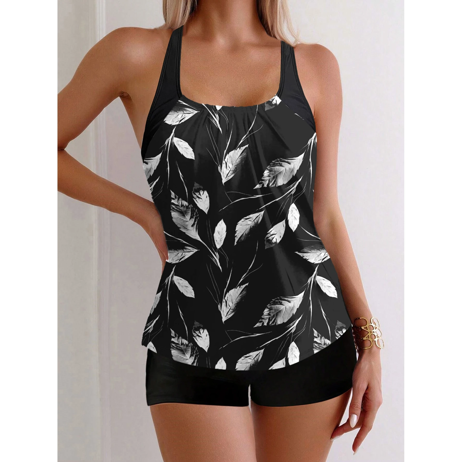 Women's Two-Piece Swimsuit Tankini Sleeveless Printed Flat Briefs Cross-Border Set Slimming Style Polyester Fiber