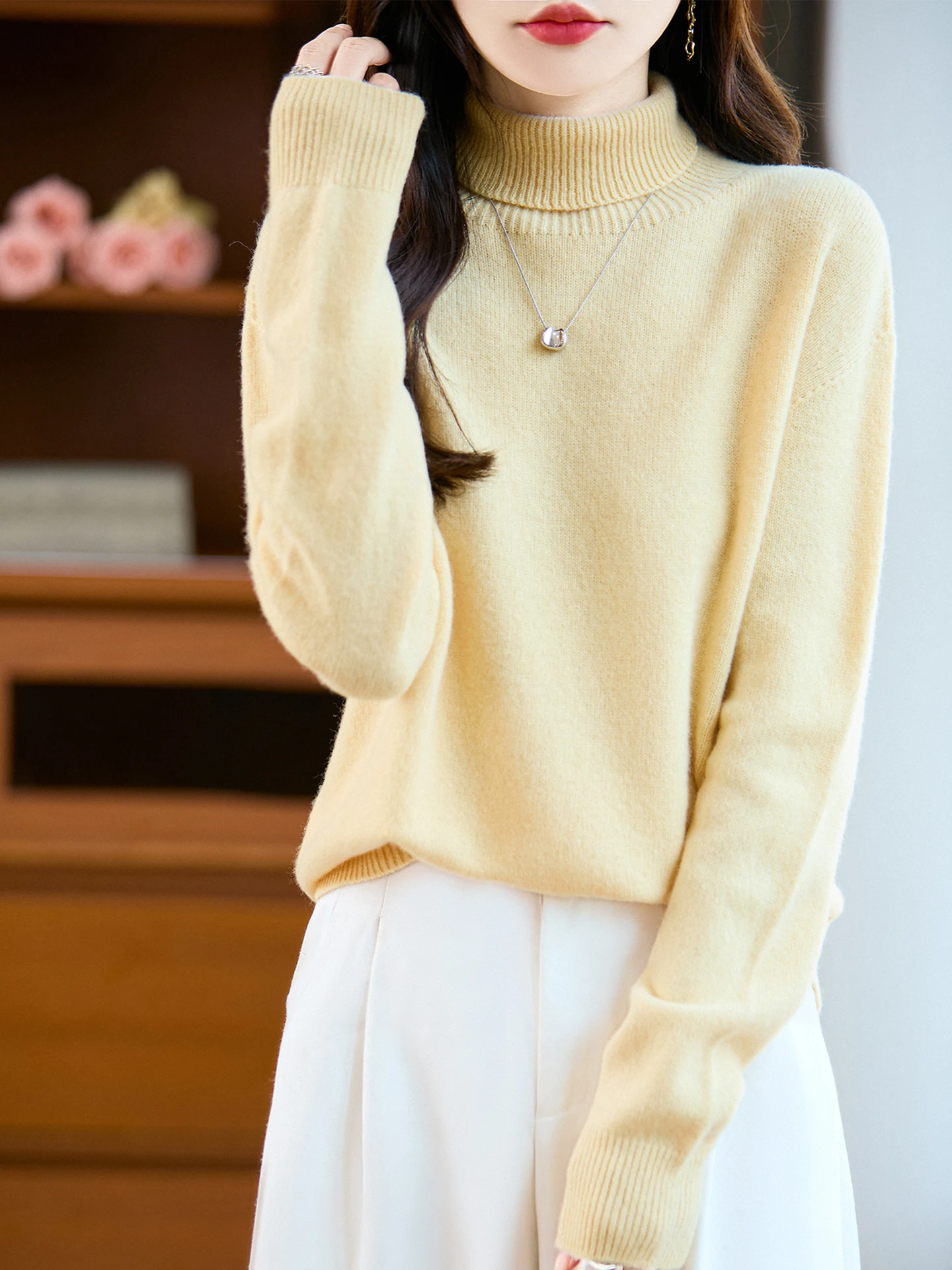 

Осень-зима женский утепленный цельный свитер премиум-класса с длинным рукавом и круглым вырезом из 100% мериносовой шерсти, теплый сезонный незаменимый свитер