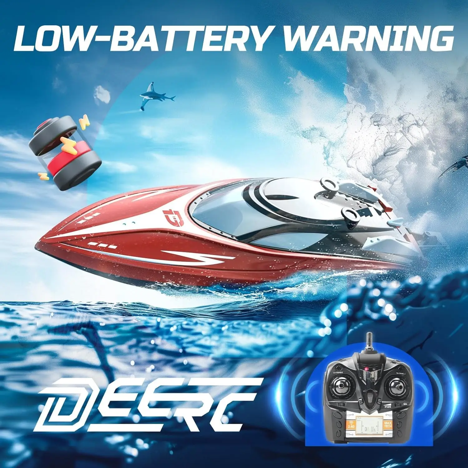 Barco RC DEERC H120 de 2,4 GHz, más de 20 MPH, piscina/lago, batería recargable, recuperación de tamaño grande, alarma de batería baja