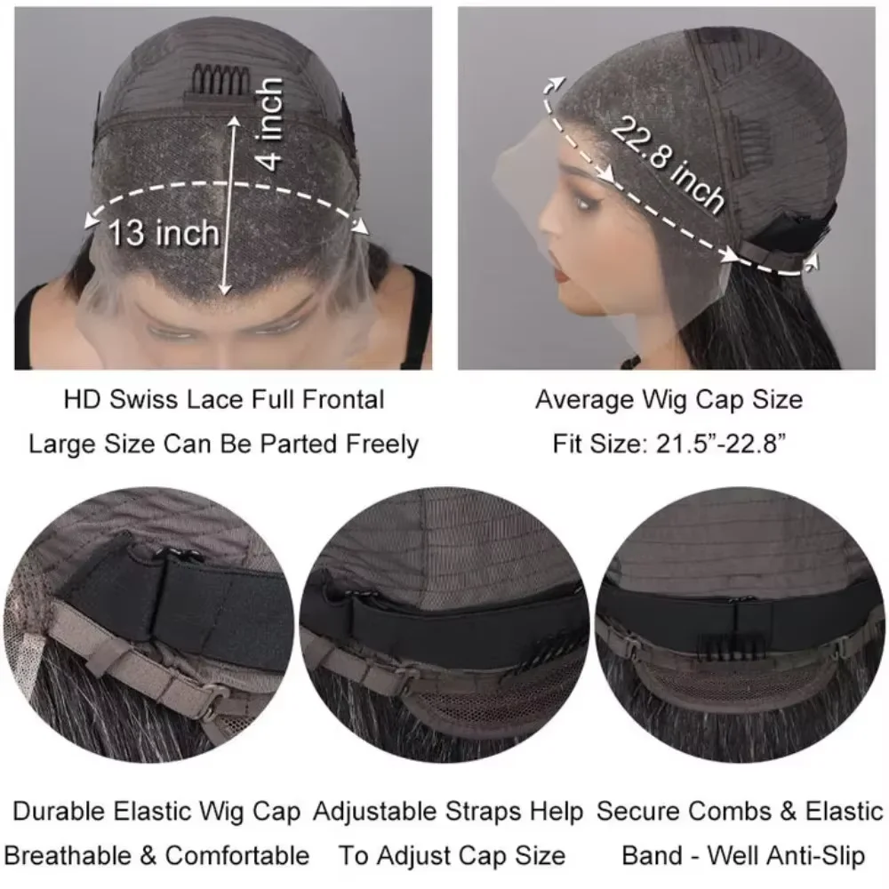 30인치 34인치 솔트 앤 페퍼 스트레이트 인모 가발 13x6 HD 레이스 프론탈 프리 플러킹 가발 220 밀도 100% 리얼 인모