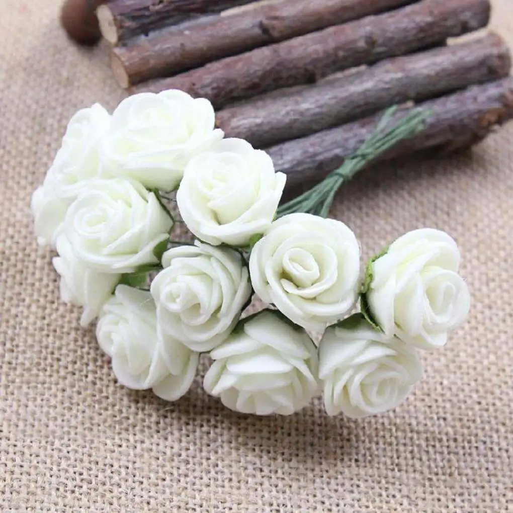 12Pcs Mini Fake Foam Rose Artificial Flowers Home Wedding Car Decoration DIY Wreath Bridal Decor