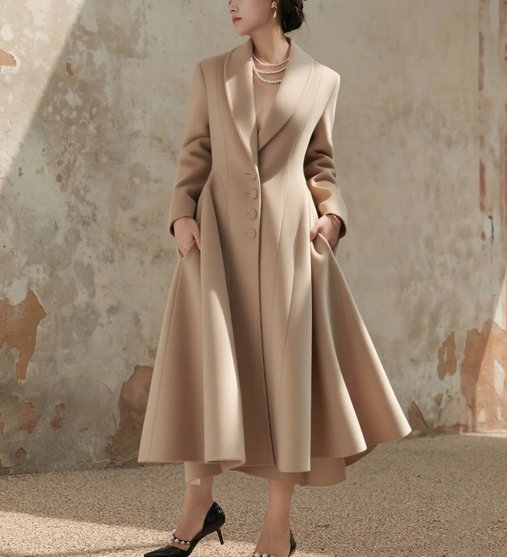Elegant Women Long Coat Solid Color V-Neck Overcoat Lady Slim Fit Warm Single Breasted Blazer Jacket Dress Customized Made