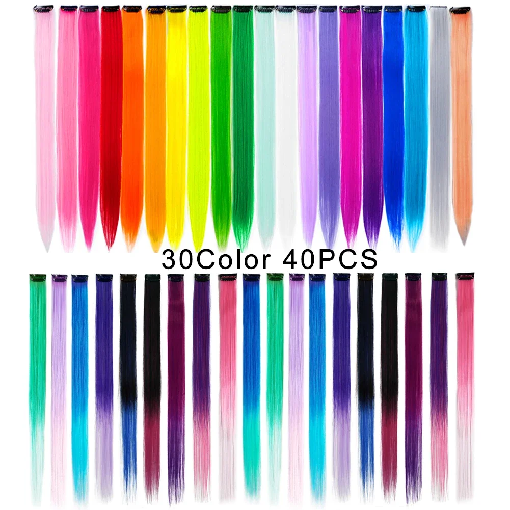 40Packs Colored Hair Extensions 22 Inch Rainbow Multi-color Straight Clip in Synthetic Hairpiece Party Highlights  Cosplay Gifts