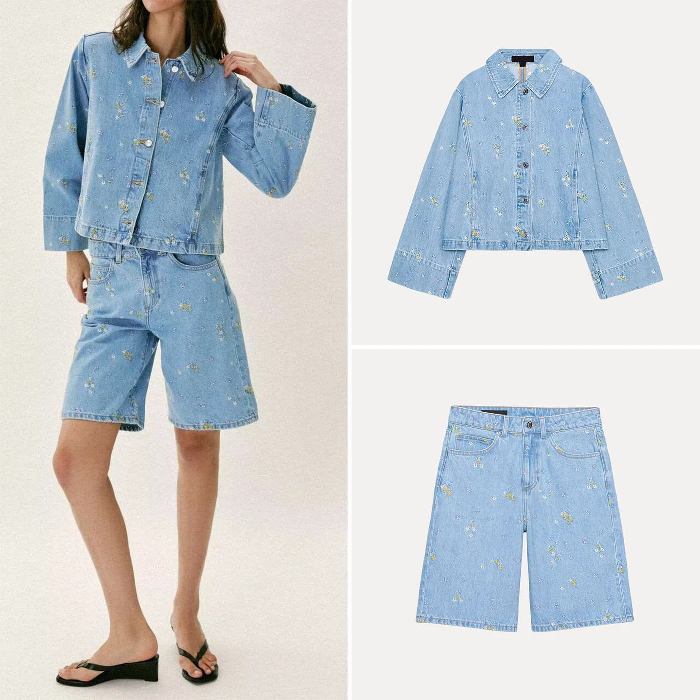 

Women's Embroidered Flower Denim Jacket Casual High Waist Shorts Spring Fashion Set Long Sleeve Regular Length Plant Pattern