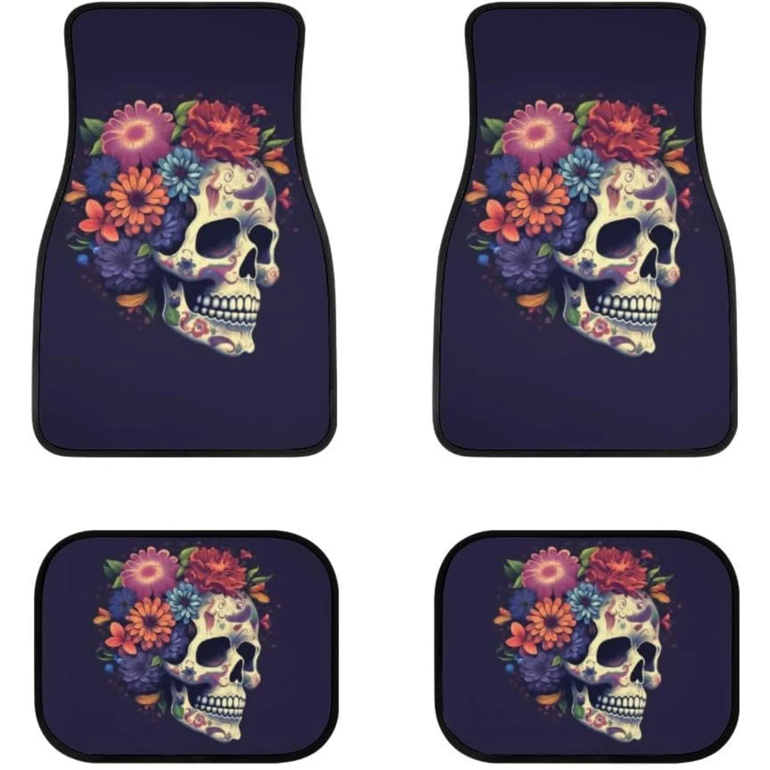 Day Of The Dead Floral Sugar Skull Front And Rear Car Floor Mats, A Complete Set Of 4 Auto Floor Mats Designed To Fit Suvs, Truc