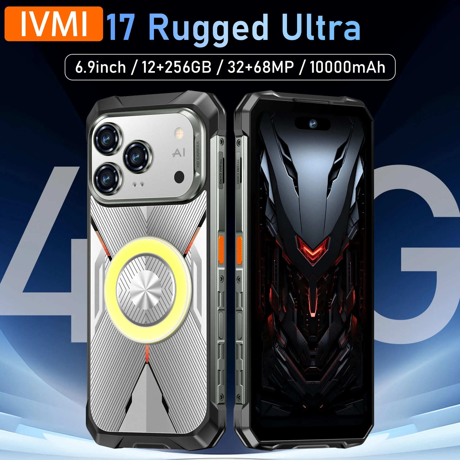 IVMI 17 Rugged Ultra Smartphone Android 14 6.9-inch HD+Screen 12GB+256GB RAM 68MP Camera 10000mAh Waterproof Shockproof Phones