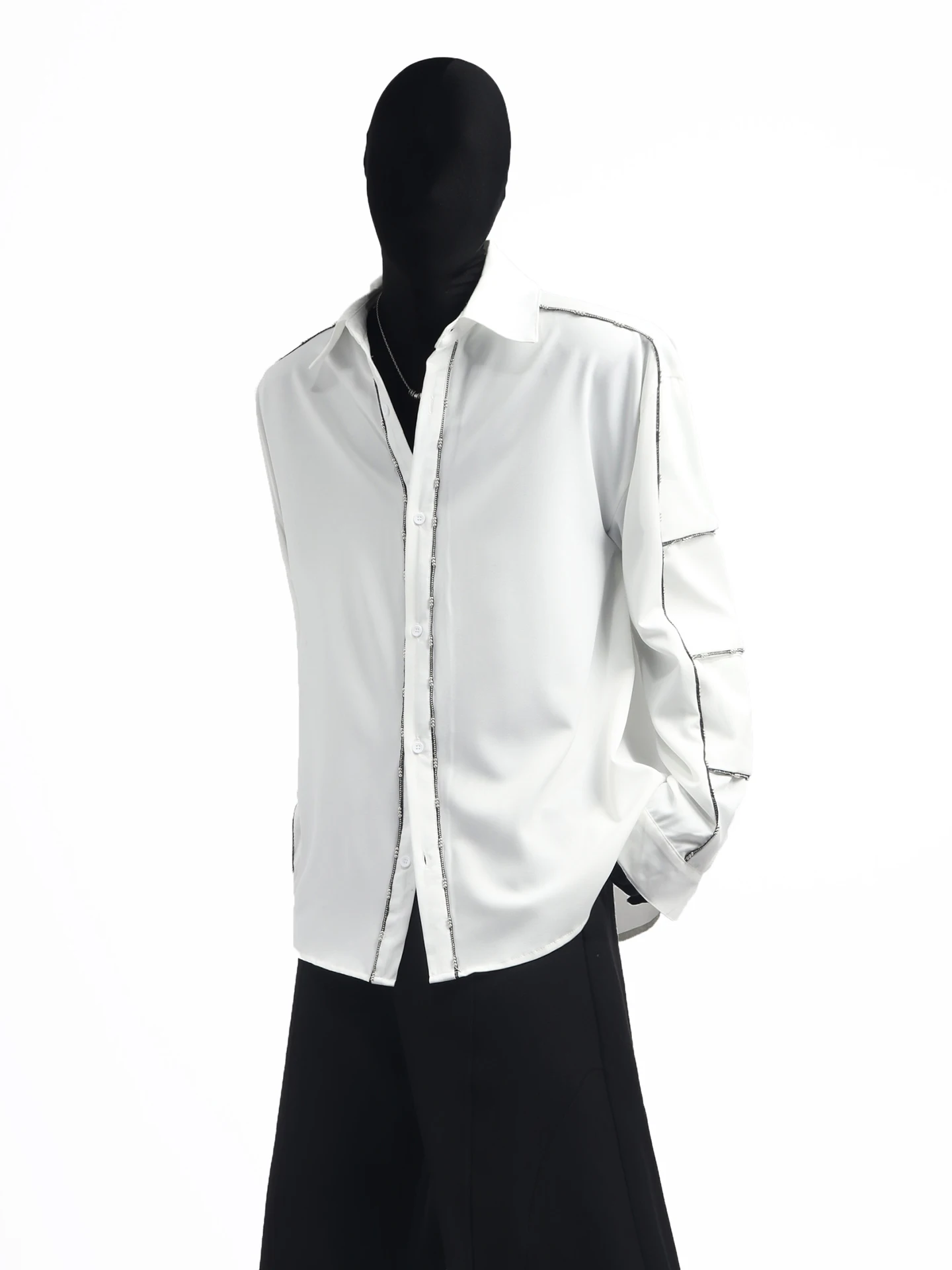 2025 New Fashion Korean Style High-end Heavy Beaded Long Sleeve Shirt Men's Loose Casual Design Turn-down Collar Shirt