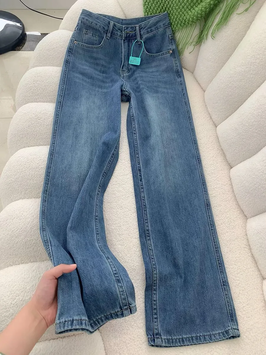 

Retro Blue Straight Leg Jeans Women's Summer Thin American High Waist Slimming Lazy Drape Spring Autumn Narrow Version Wide L...