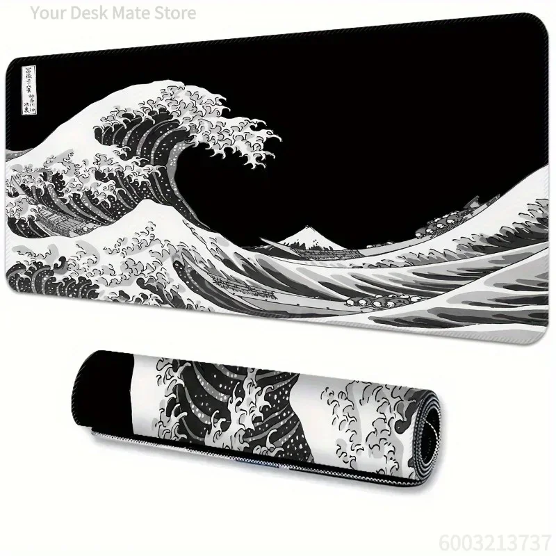 1PCS Black & White Great Wave Large Locked Desk Mat Mouse Pad for Gaming & Office Use