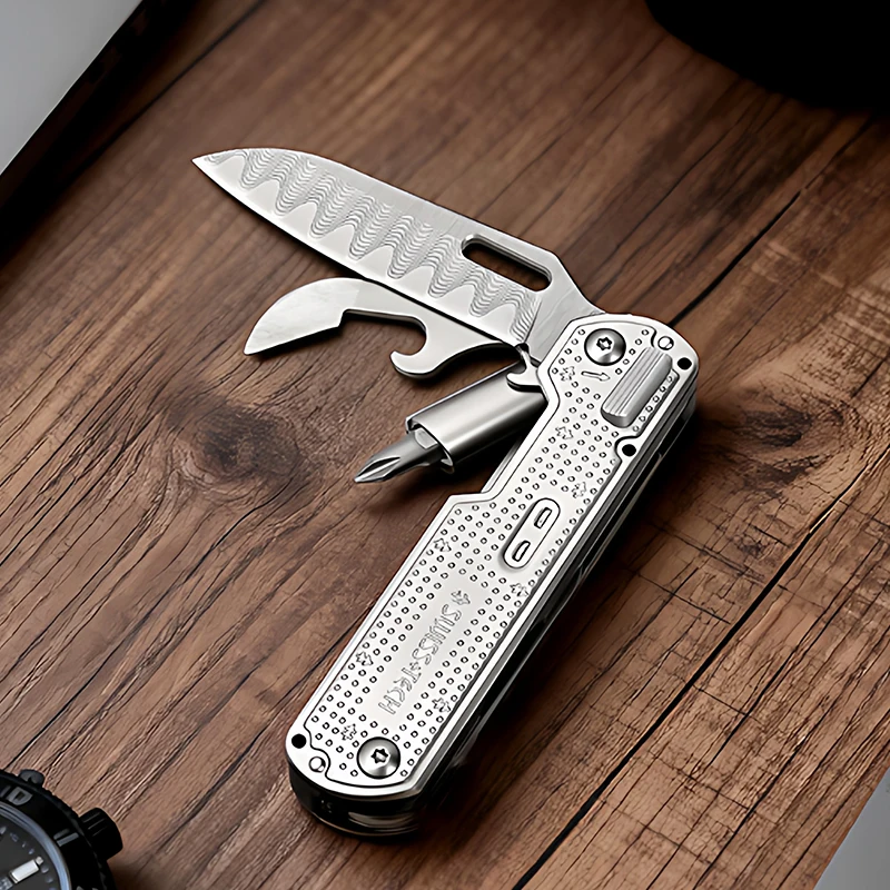 2026 New SWISS TECH Mini Multitool Knife with Damascus Blade EDC Multi-tool Portable Outdoor Camping Emergency Tool