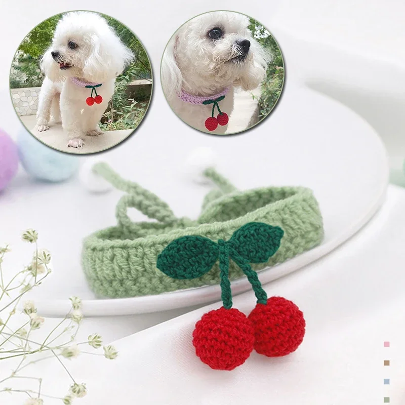 Cute Dog Neckerchief Cute Pet Dog Cat Pure Hand-woven Bandana Bibs Scarf Cherry Collar Neckerchief Pet Dog Accessories Dog pens