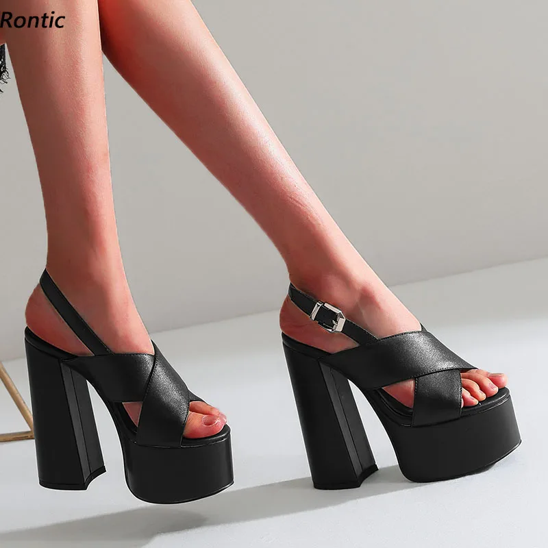 

Rontic New Fashion Women Platform Sandals Buckle Unisex Block Heeled Open Toe Pretty Black White Dress Shoes Ladies US Size 5-15