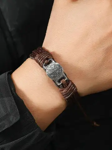 Vintage Handmade Braided Leather Bracelets For Men Myth Cross Scripture Retro Lace-Up Punk Style Leather Bracelet Accessory Gift