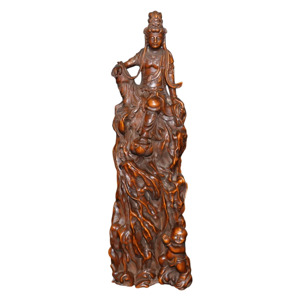 Petite figurine en bois sculptée à la main, statue bouddhiste de Guanyin, enfant en prière, bénédiction de la compassion, piété, paix, sérénité, décoration