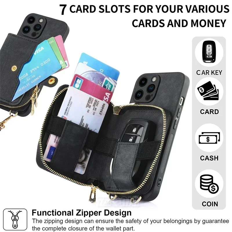 Zipper Back Wallet for Xiaomi POCO X5 X4 Pro 5G X3 NFC M5S M4 Pro M3 F5 F3 C31 Case Leather Card Slots Kickstand Bag Long Strap