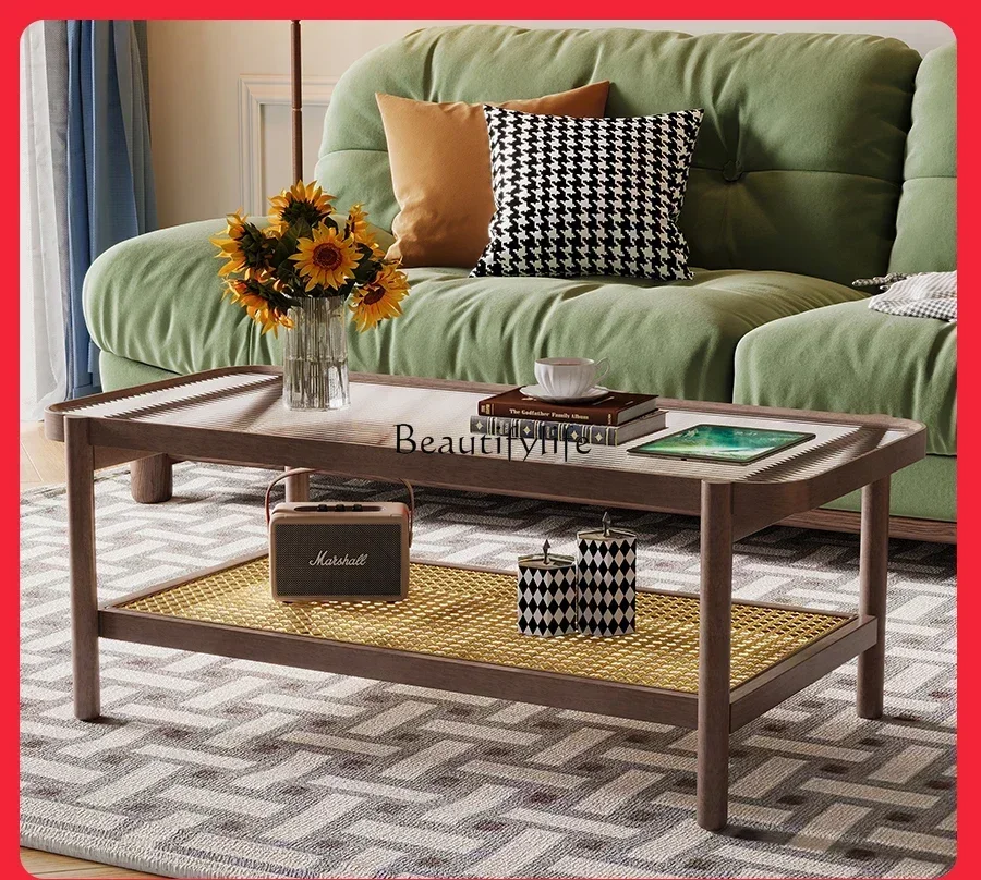 

American retro solid wood coffee table living room household small apartment balcony rattan low table