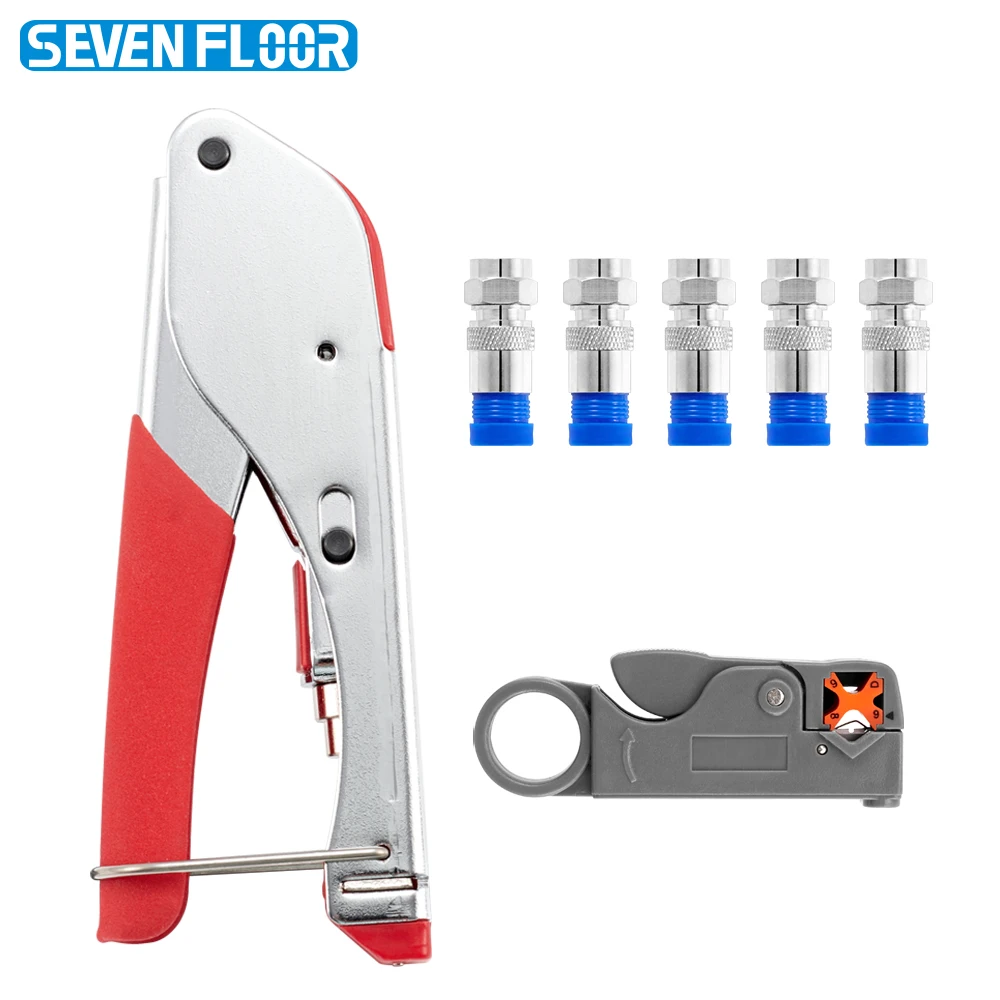 Kit de crimper de cabo coaxial - Ferramenta de compressão ajustável para RG6, RG59, inclui descascador de cabo coaxial e conectores 5 F