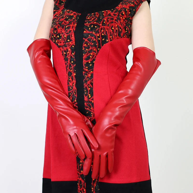 Women\'s Fashion Sexy Wide Sleeve Faux Pu Leather Glove Lady\'s Club Performance Formal Party  Leather Long Red Glove 1965