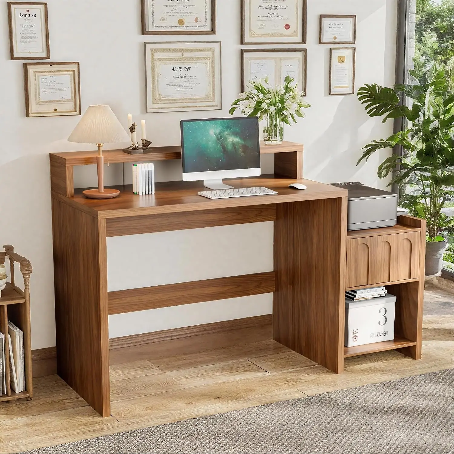 60 Inch Executive Desk with Drawer & Printer Shelf, Mid Century Modern Work Table for Home Office, Wood Computer Desk with Stora