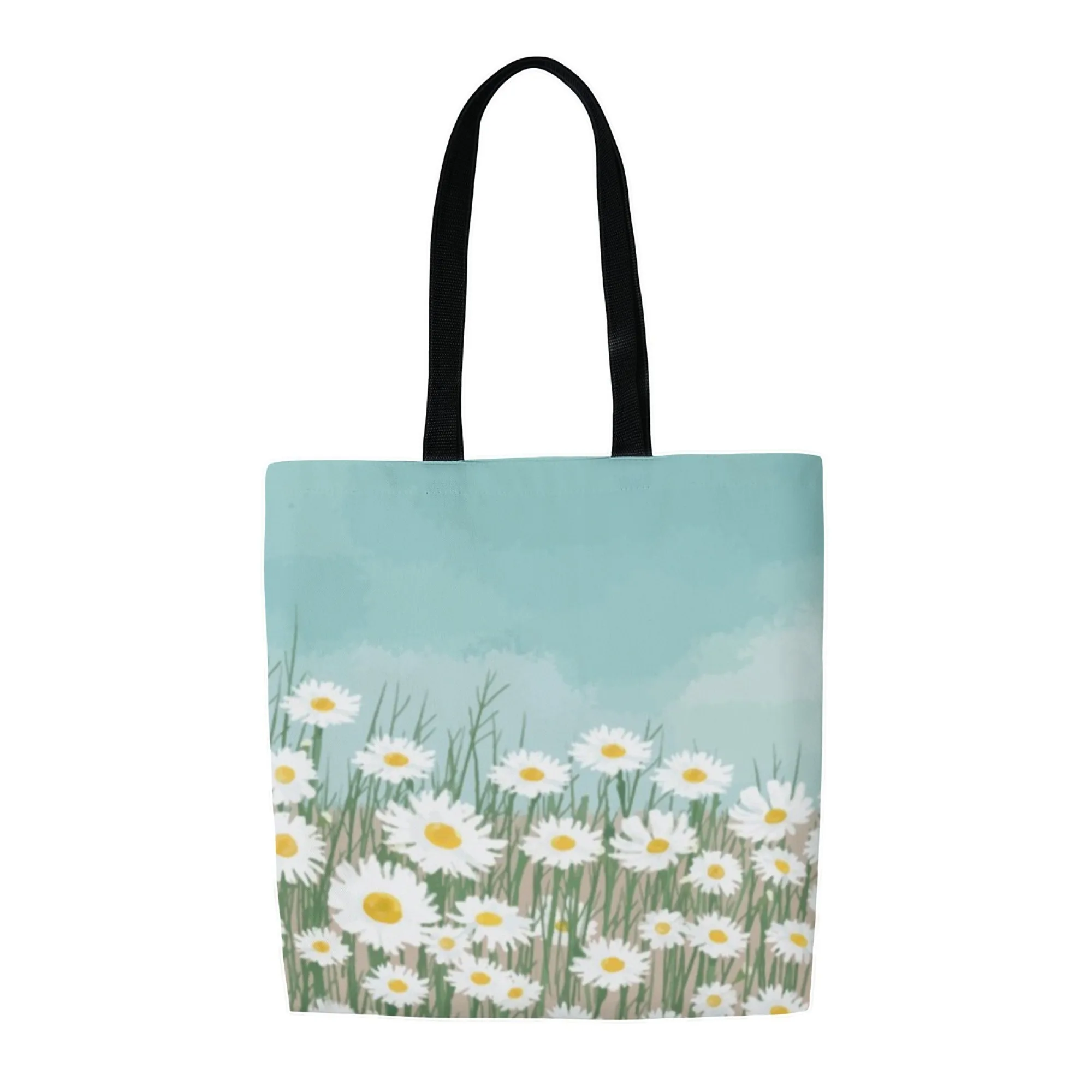 Durable Daisy Rural Canvas Tote Bag Sky Blue Fresh Print Large Capacity Casual Handbag for Women Reusable for Shopping Travel