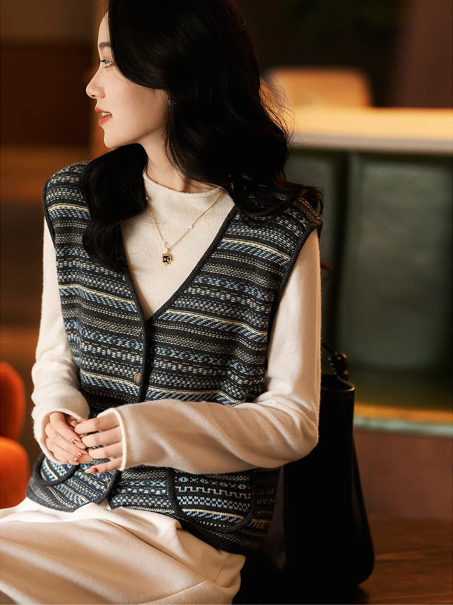 

Женский вязаный жилет из мягкой шерсти Camere Svel V-Ne, теплый полосатый повседневный жилет для поездок на работу, прямой крой, Thiened Aut...