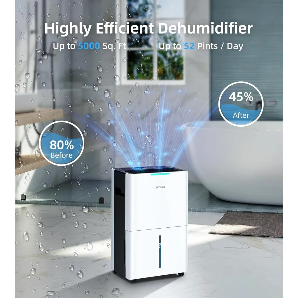 5000 Sq. Ft Dehumidifier for Bathroom, Max 52 Pint/Day Dehumidifiers for Home with Drain Hose, 3 Modes, Child Lock, 24H Timer