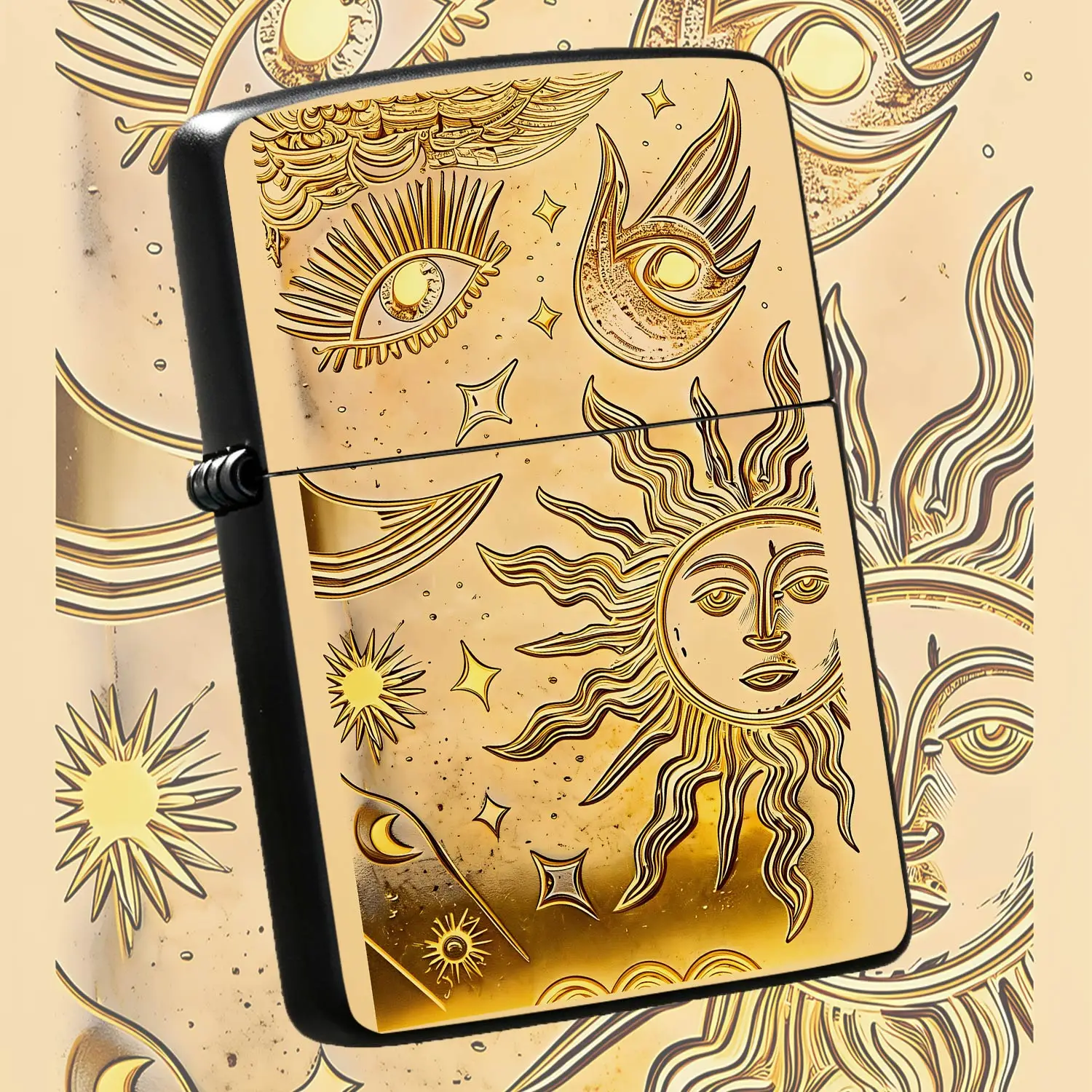 Vintage Gilt Celestial Themed Lighter, Art Print Of Astrology Sun Moon Stars & All-Seeing Eye, Aesthetic Creative Portable Accessory, Suitable For Daily Scenarios, Personal Present For Friends And Family A Humorou And Interesting Lighter
