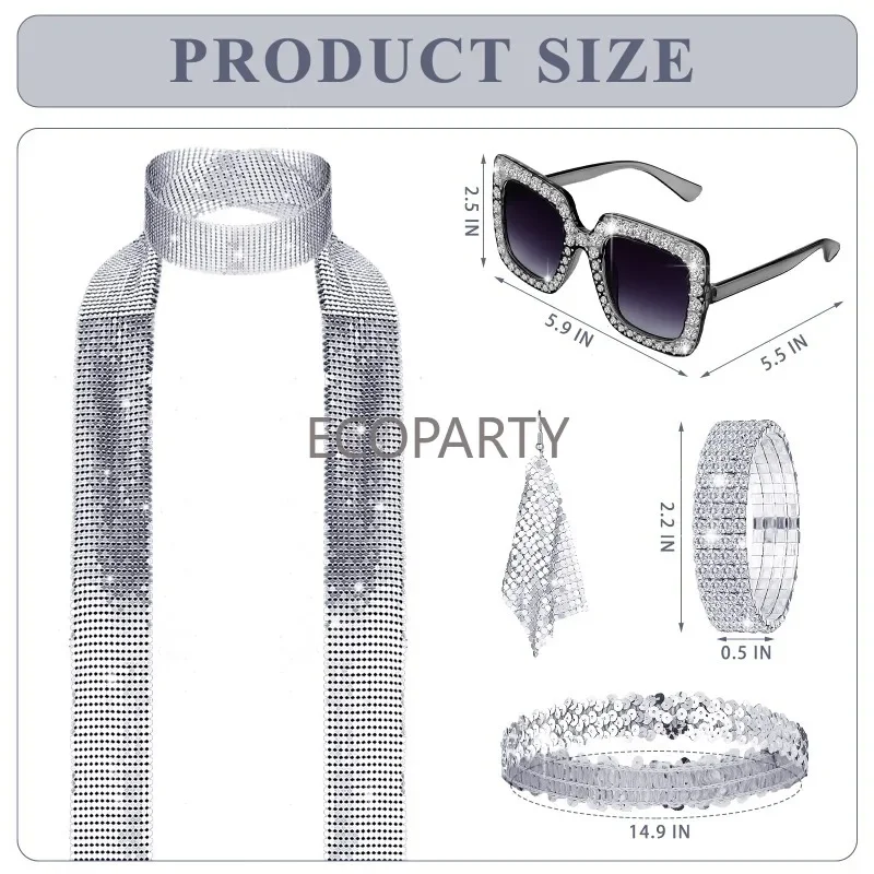 70er Jahre Disco Frauen Kostüm Outfit und Accessoires glänzenden Kopf mit Sonnenbrille Halskette Ohrringe Armband für Stage Performance Party