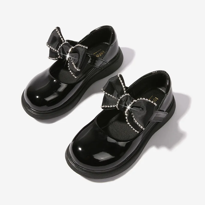 Meisjes Studenten Kleine Leren Schoenen 2023 Lente Nieuwe Kinderen Mode Loafers Britain Pu Black Strik Kids Shoes Haak & Loop Glossy