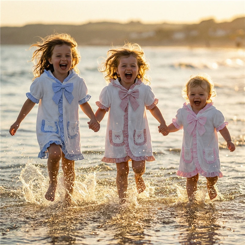 Vestido de baño para niñas pequeñas, vestido a cuadros con capucha y manga corta para niños, bata de playa para piscina para verano