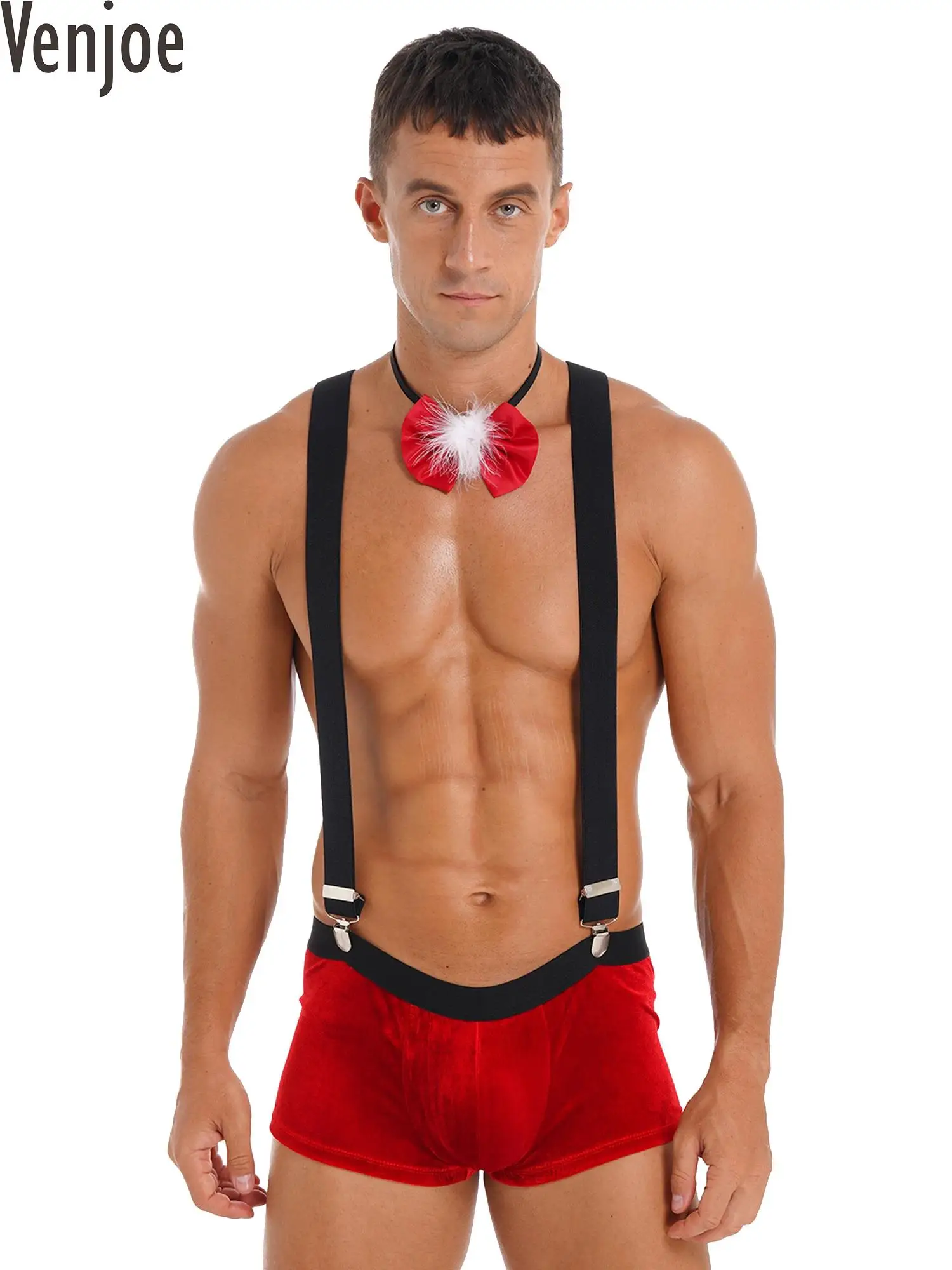 Conjunto lingerie sexy de Papai Noel para homens, traje de veludo, shorts boxer, suspensórios gravata, Natal e pijamas de festa de ano novo