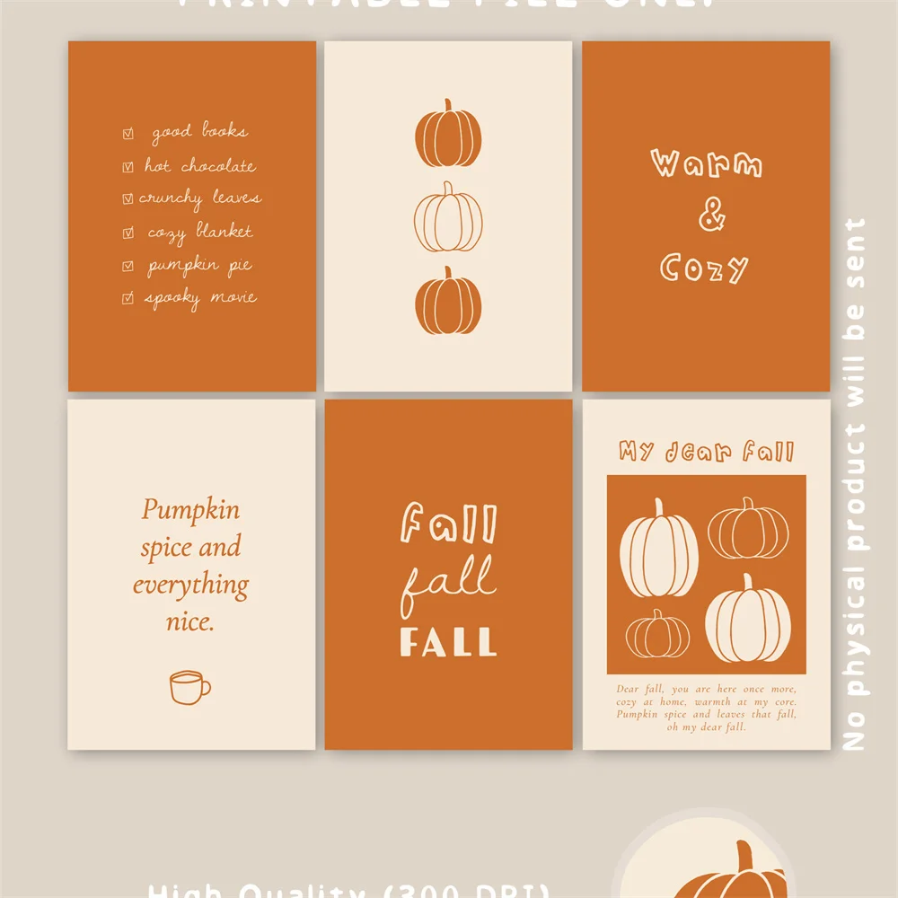 1pc frameless  1pc Fall Gallery Wall Art | Print Bundle Prints  Orange Fall Decor Printable Art Trendy Pumpkin Print Orange Autu