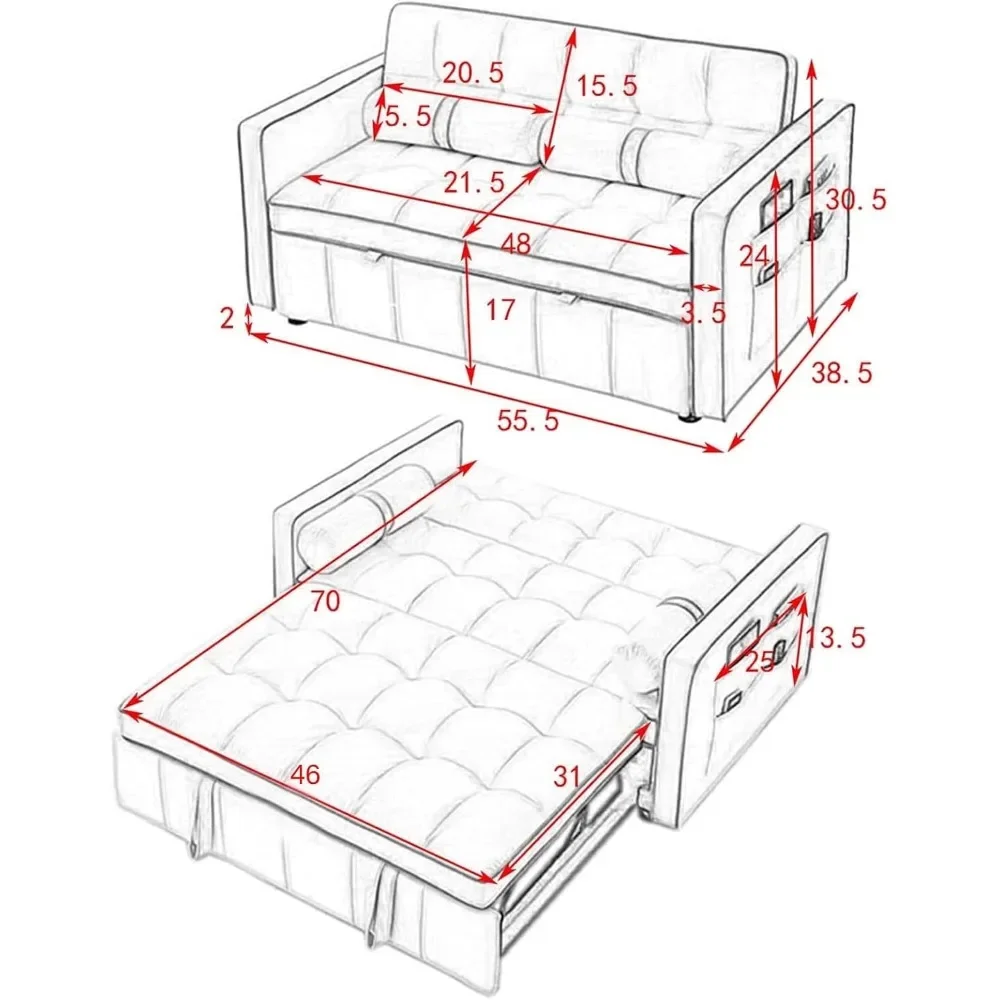 3 in1 Sleeper Sofa Couch Bed,Velvet Convertible Loveseat Futon Sofa w/Pullout Bed,Adjustable Backrest,Cylinder Pillows Apartment