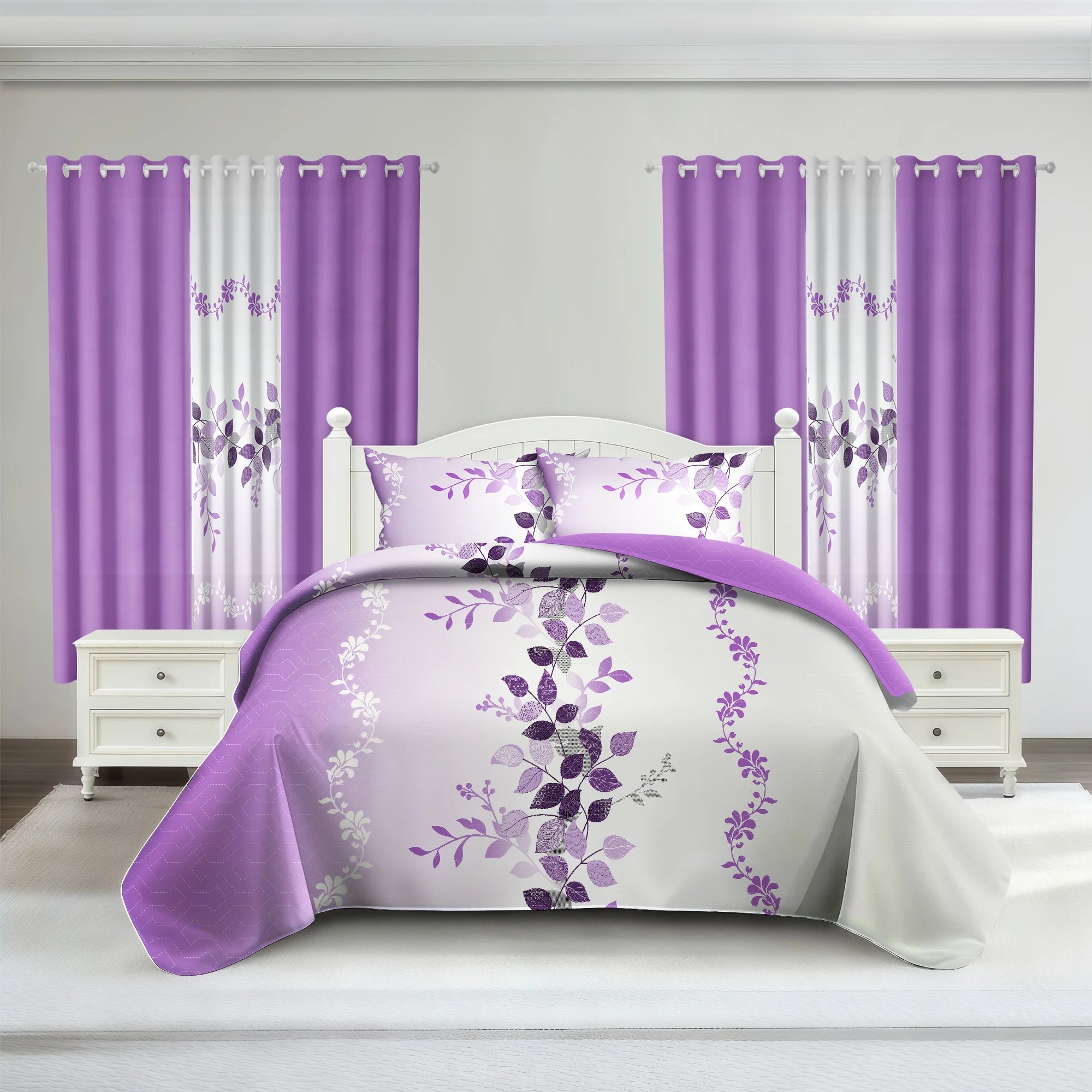 Purple Leaf 9-Piece Bedding Set Microfiber Bedspread 2 Printed Curtains 4 Solid Curtains 2 Pillowcases Home Window Decor Kit