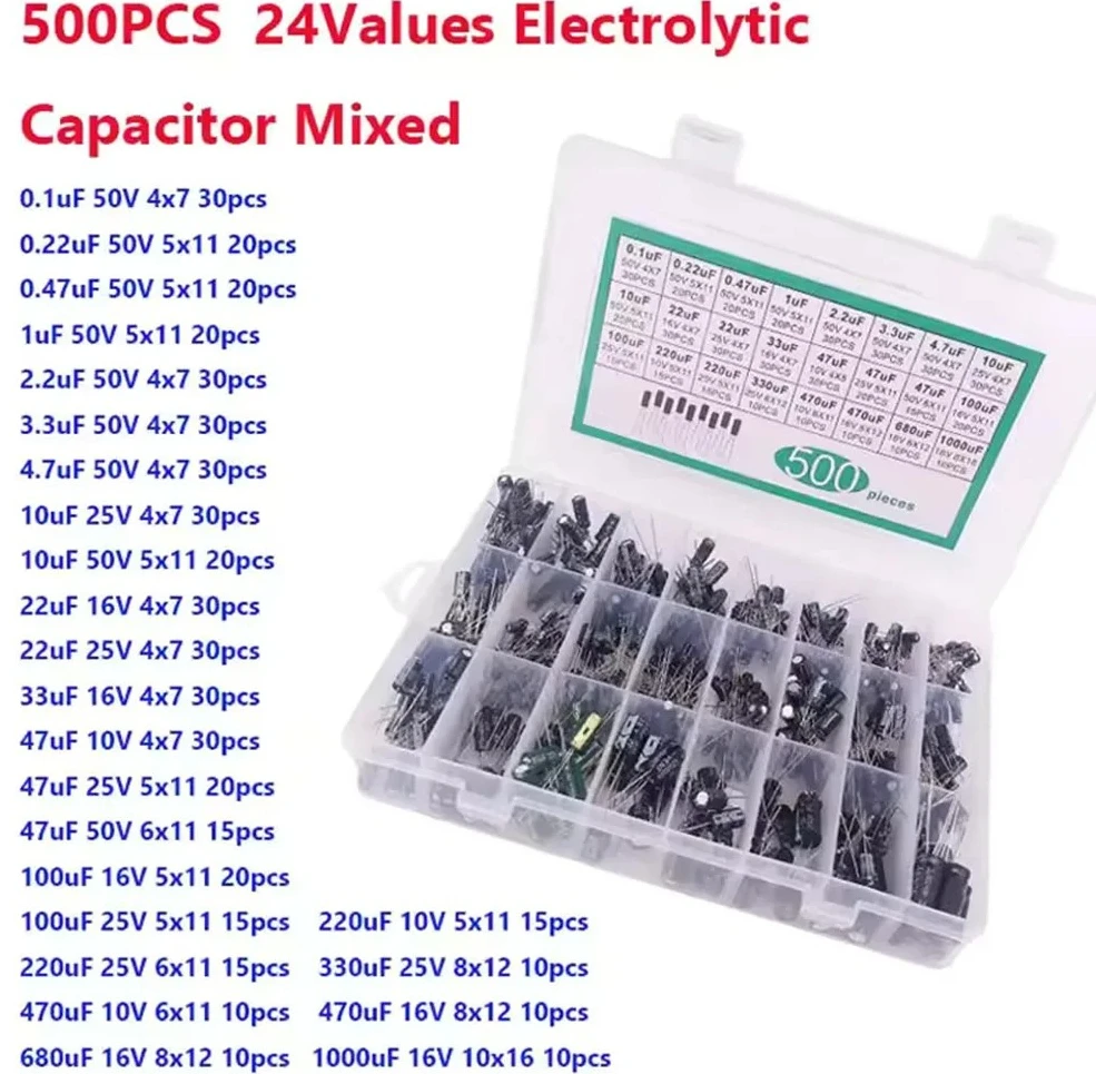 

500 шт. электролитический конденсаторSDIP 10 В 16 В 25 В 50 В электронный комплект 0,1 мкФ-1000 мкФ 24 значения электролитический конденсатор коробка комплект смешанный