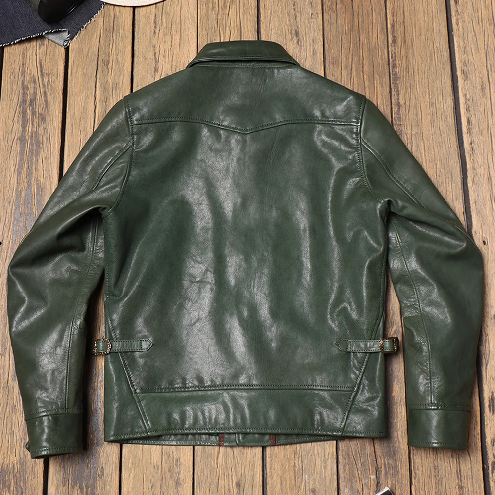 Real Goat Leather Man\'s Jacket Japanese Style Summer Slim Fit Short Coat Men\'s Genuine Leather Jackets Bomber Overcoat In Green