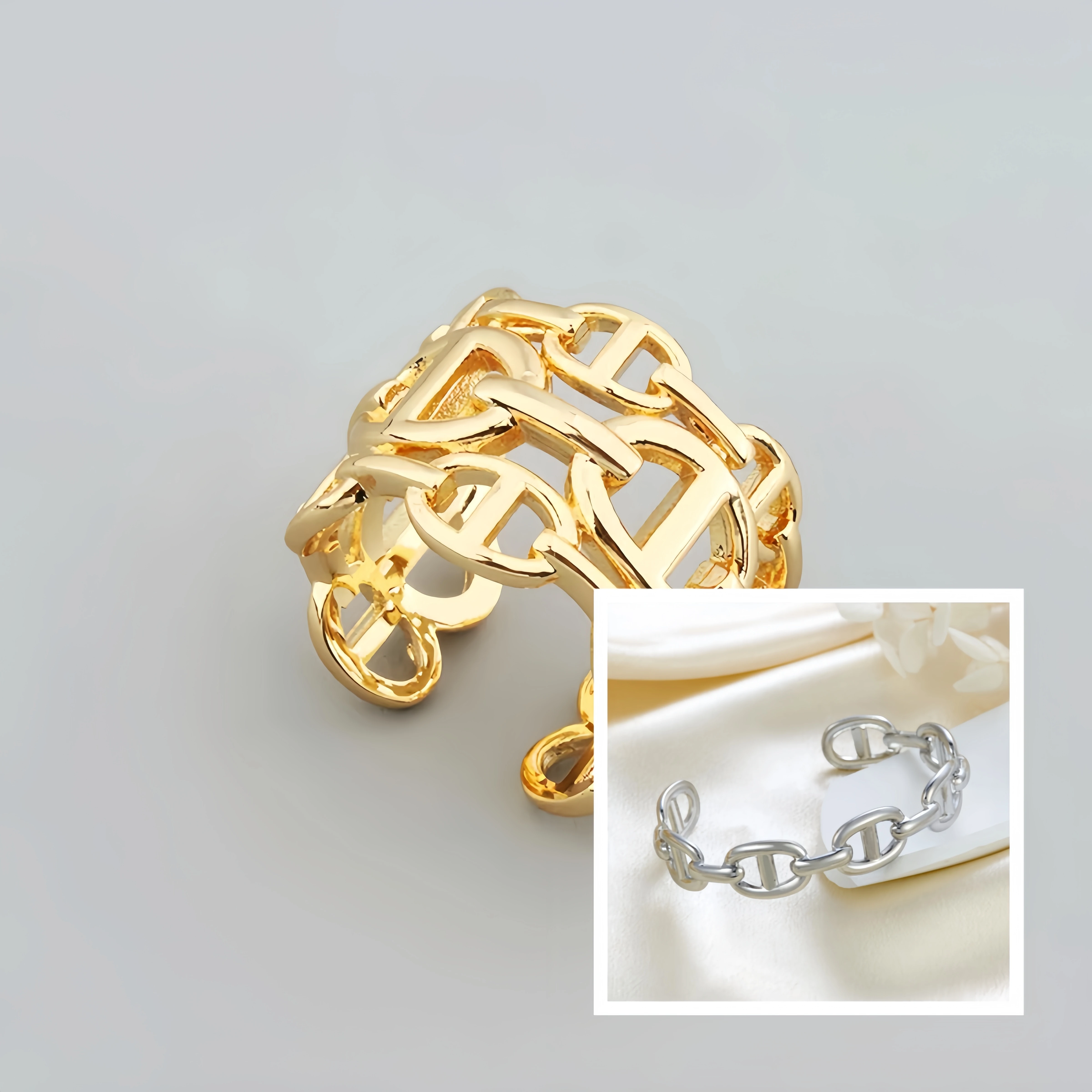 High quality Minimalist Hollow Chain Ring Trendy Open Cuff Ring Fashion Stackable Statement Jewelry for Women gift
