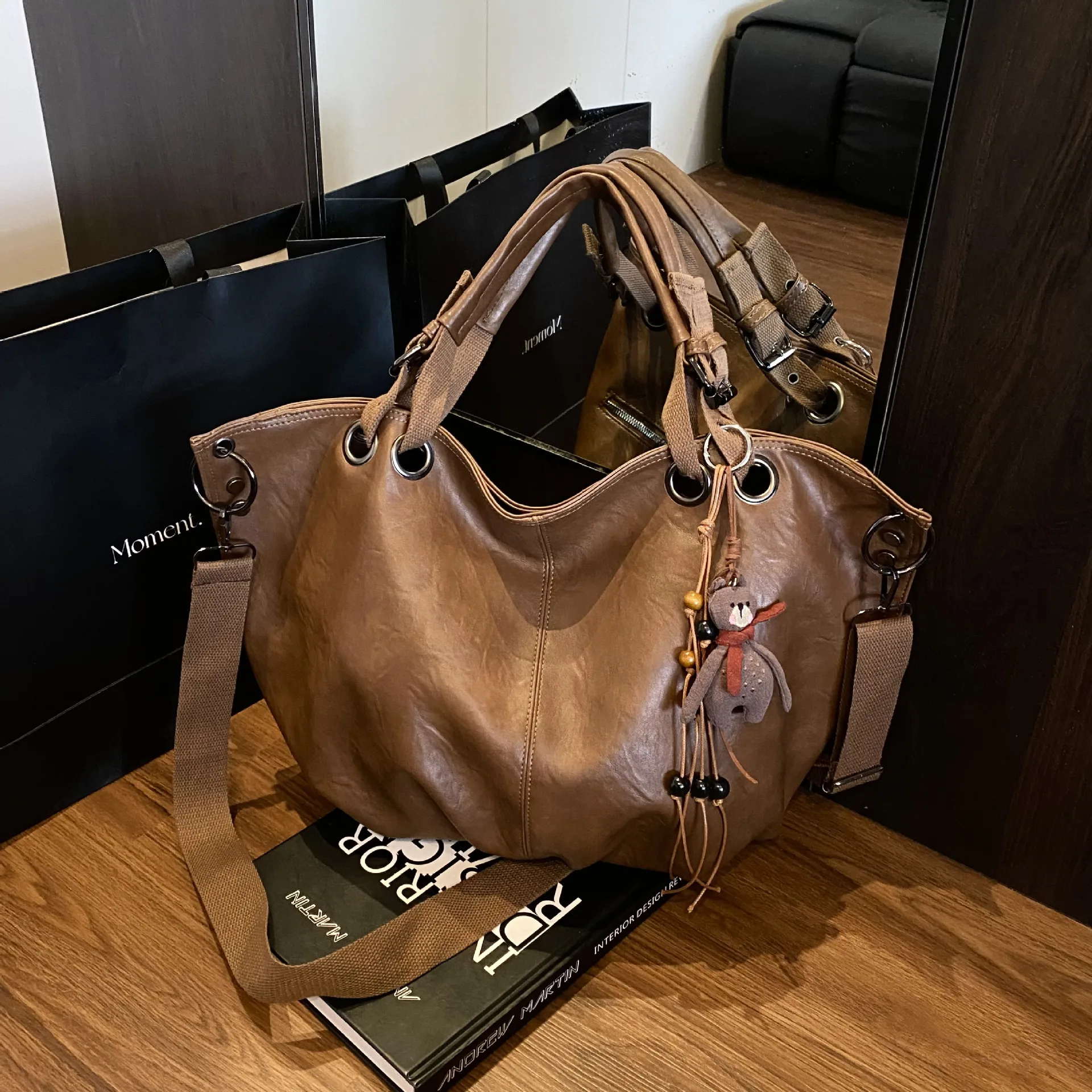 

2025 Wastestyle Tote Bag for Women, Oversized Distressed Leather Shoulder Bag, Post-Apocalyptic Hobo Bag for Casual