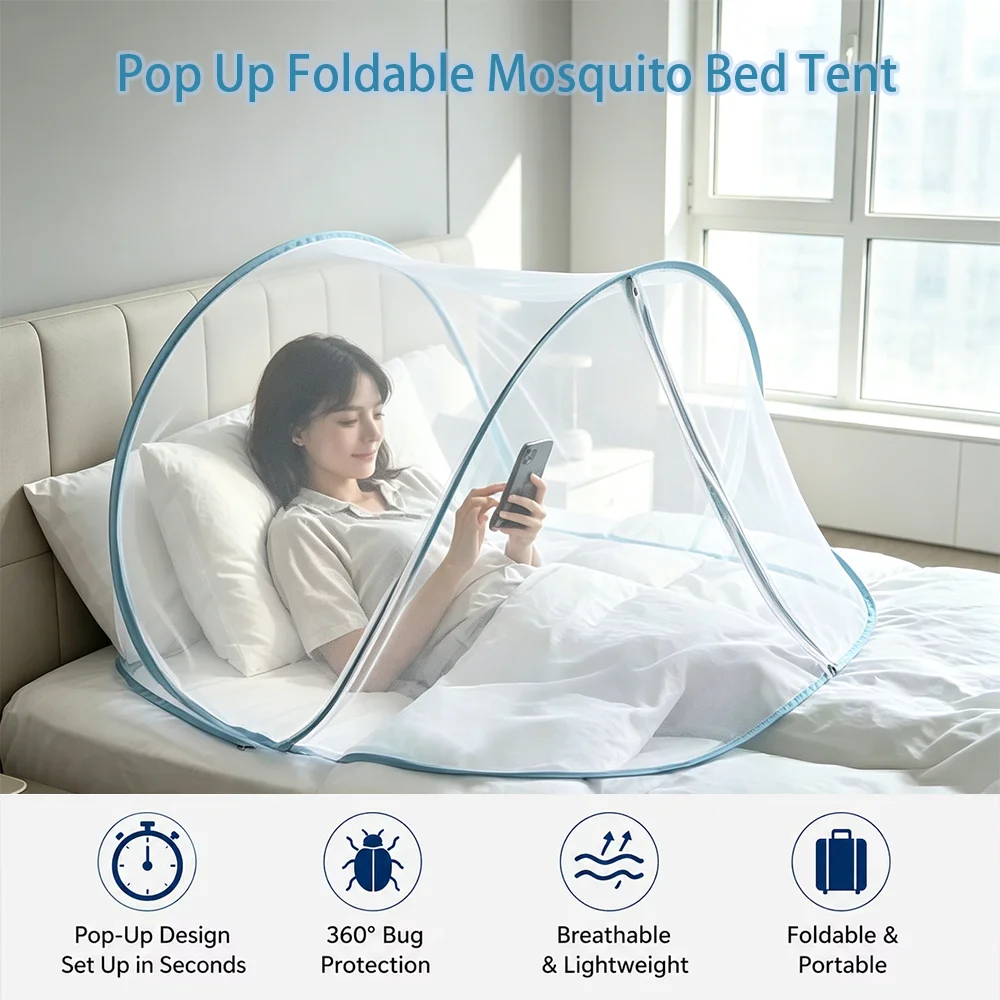 Foldable Pop-Up Mosquito Bed Tent Single Bed  Head Face Protector Net Cover Encryption Insect  With Zipper for Bedroom Camping