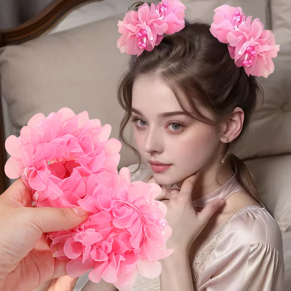 

2pcs/Set Cute Pink Chiffon Flower Headband with Elastic Beads Women's Sweet Hairband Ponytail Holder Hair Accessories Gift Set