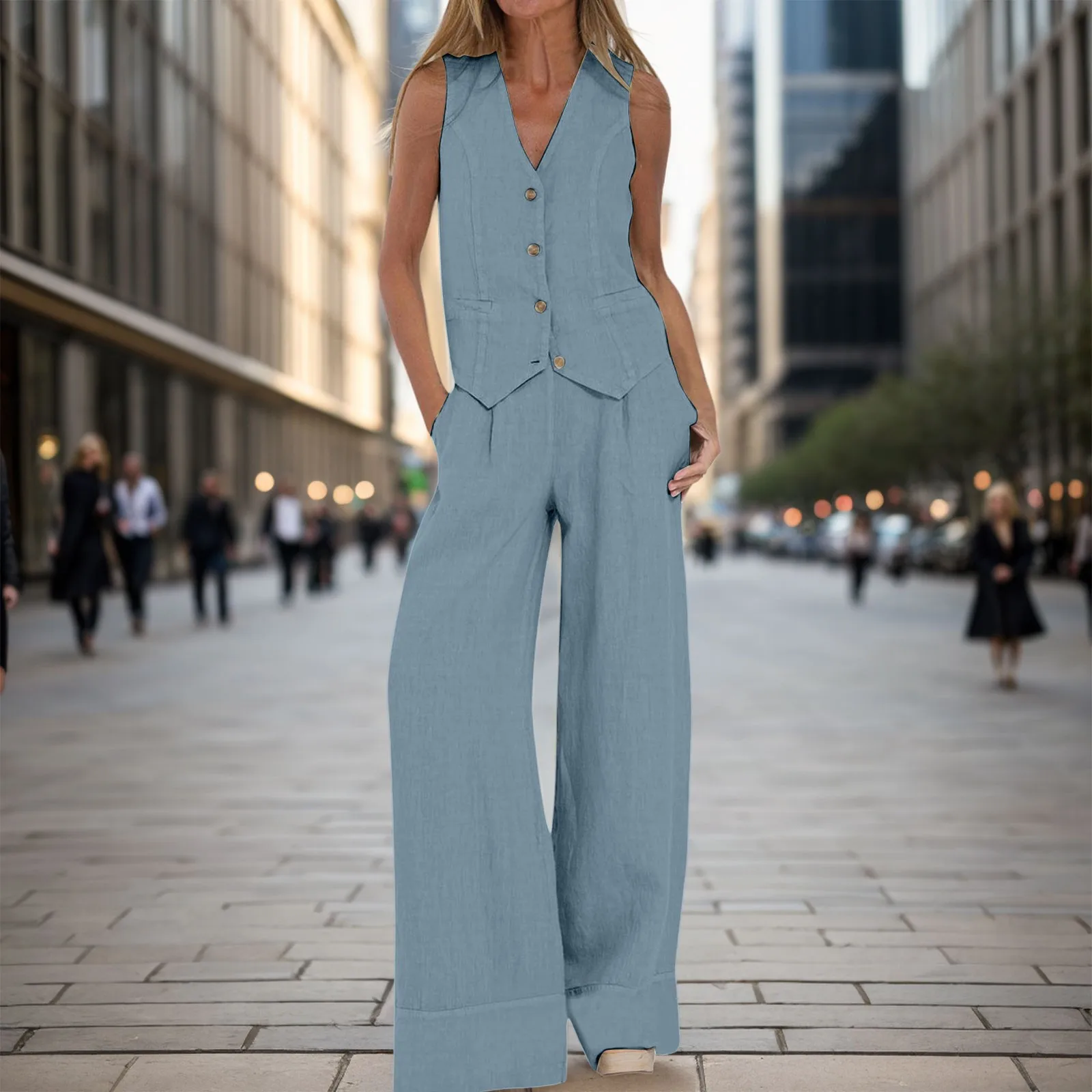 Two-piece Set New in Fashionable Solid Color V-neck Button Sleeveless Vest Tops Commuter Wide Leg Pants Women 2-piece Set 2024