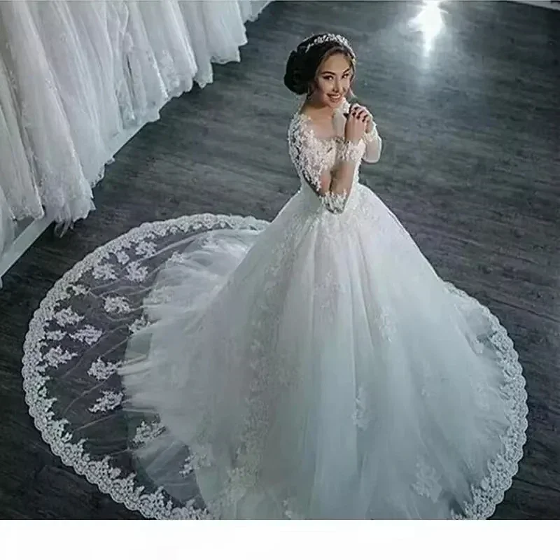 Customized Long Sleeves A Line Wedding Dresses Sheer Crew Lace Appliques Cheap Vestios De Novia Bridal Gowns