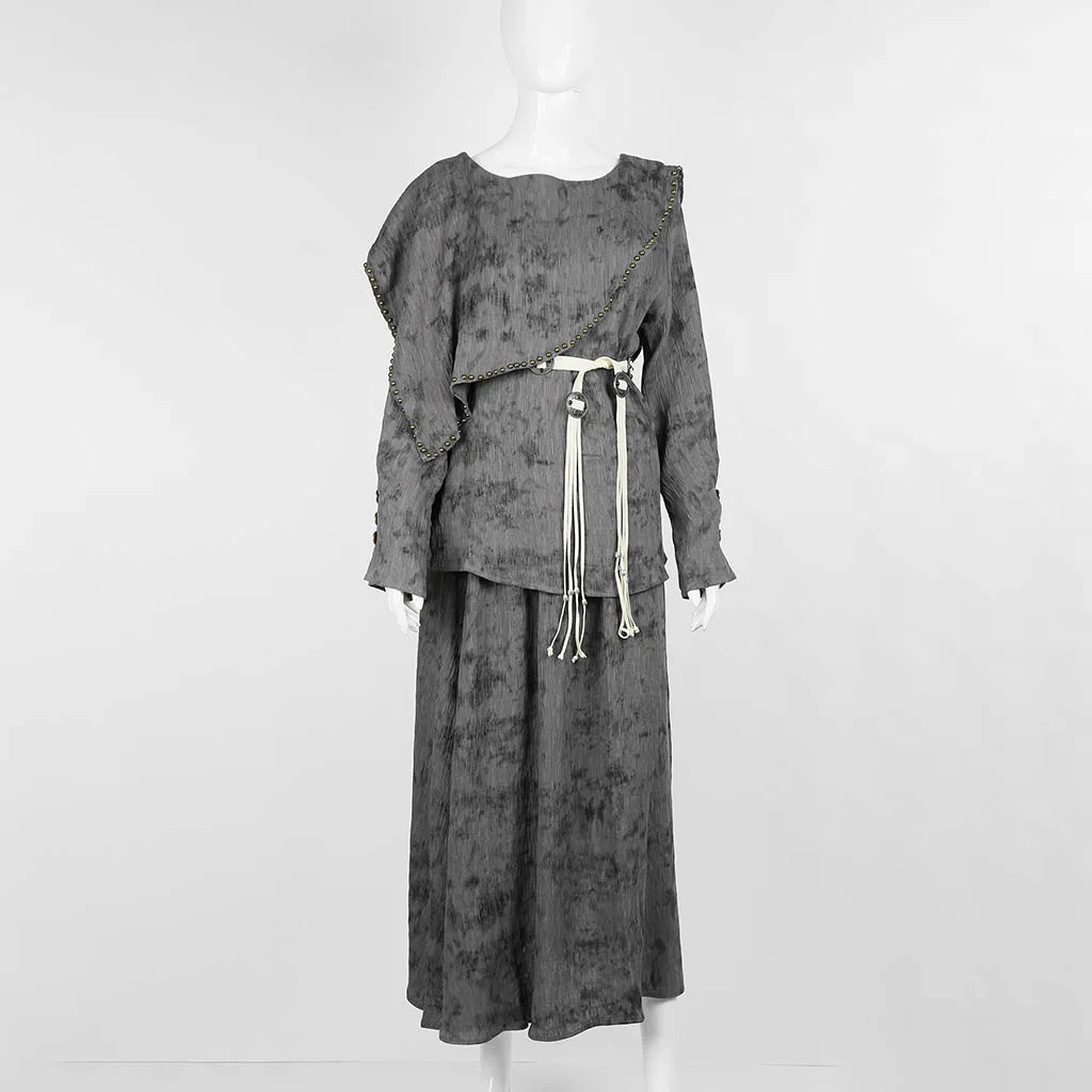 

2025 Spring Women's Beige Floral Embroidered Two-Piece Set Long Sleeve Top with Maxi Skirt Casual Fashion Outfit