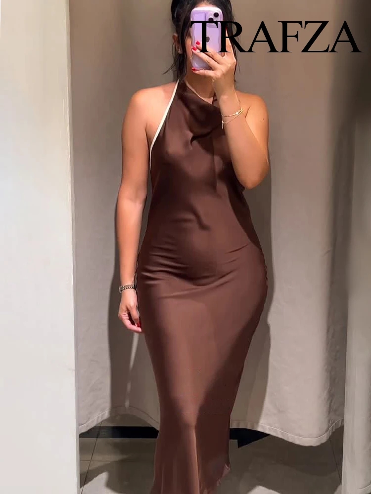 

HH 2025 Summer Woman Elegant Sexy Backless Sleeveless Long Dresses Women Hanging Neck Collar Button Design Brown Party Dress