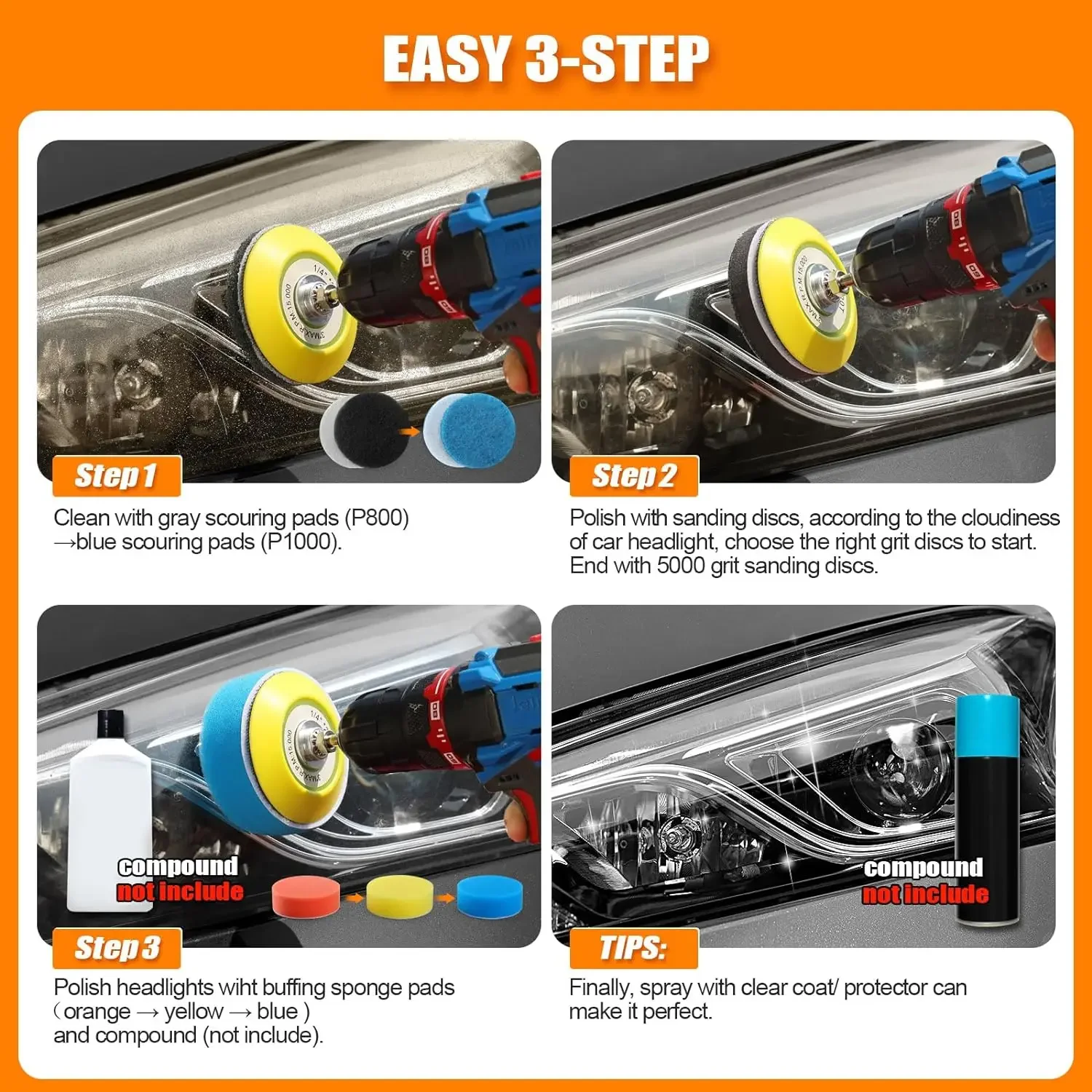 3 Inch Car Headlight Repair Kit 53 Pcs Grit 320-5000 Headlights Sanding Sheets with 1/4” Shank Backing Buffing Sponge Pads view 4
