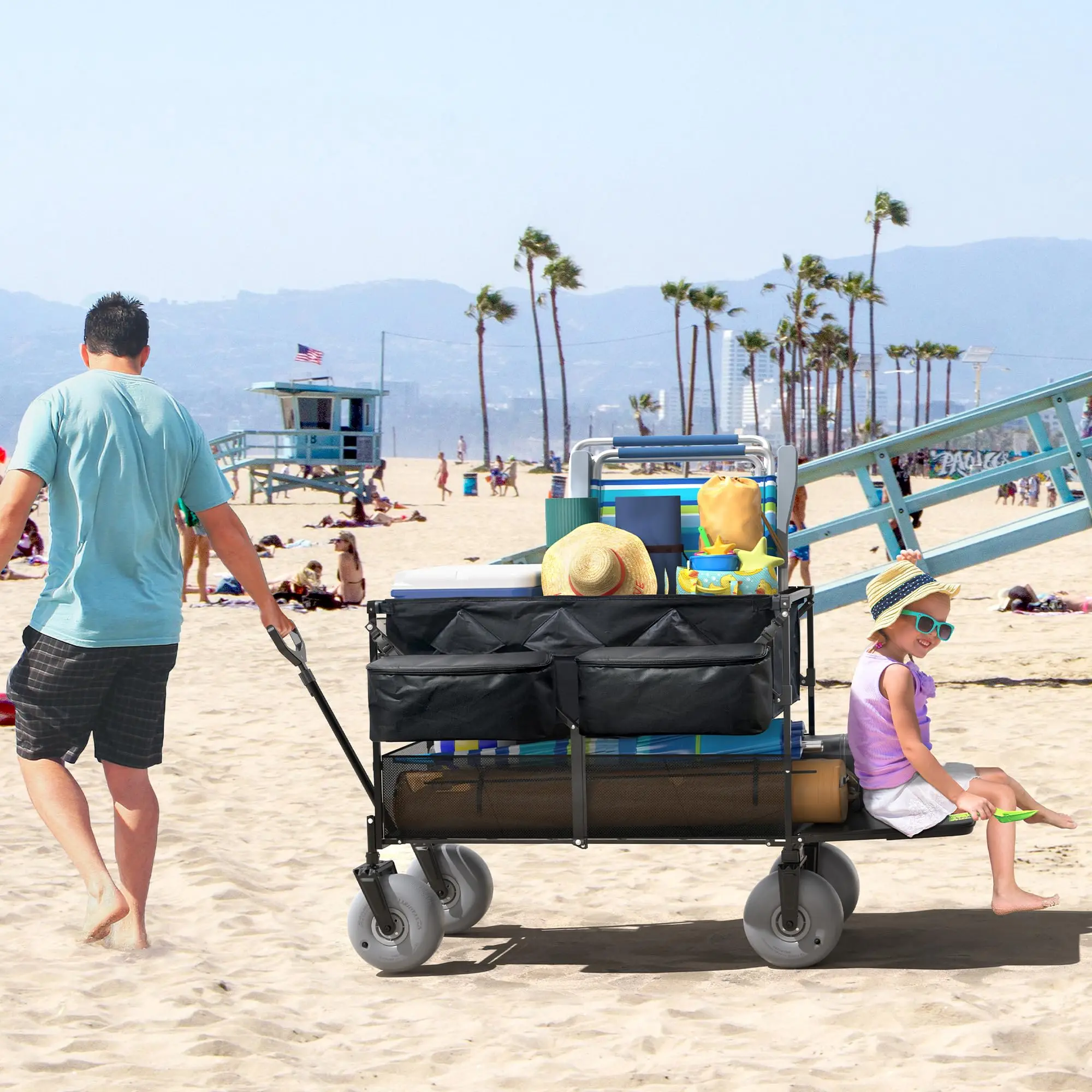 Collapsible Double Decker Beach Wagon with Balloon Wheels for Sand